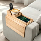 Bamboo Couch Armrest Table, Couch Arm Tray with Removable Couch Cup Holder, 2 in 1 Design Foldable Anti-Slip Bamboo Couch Tray and Sofa Cup Holder for Drink