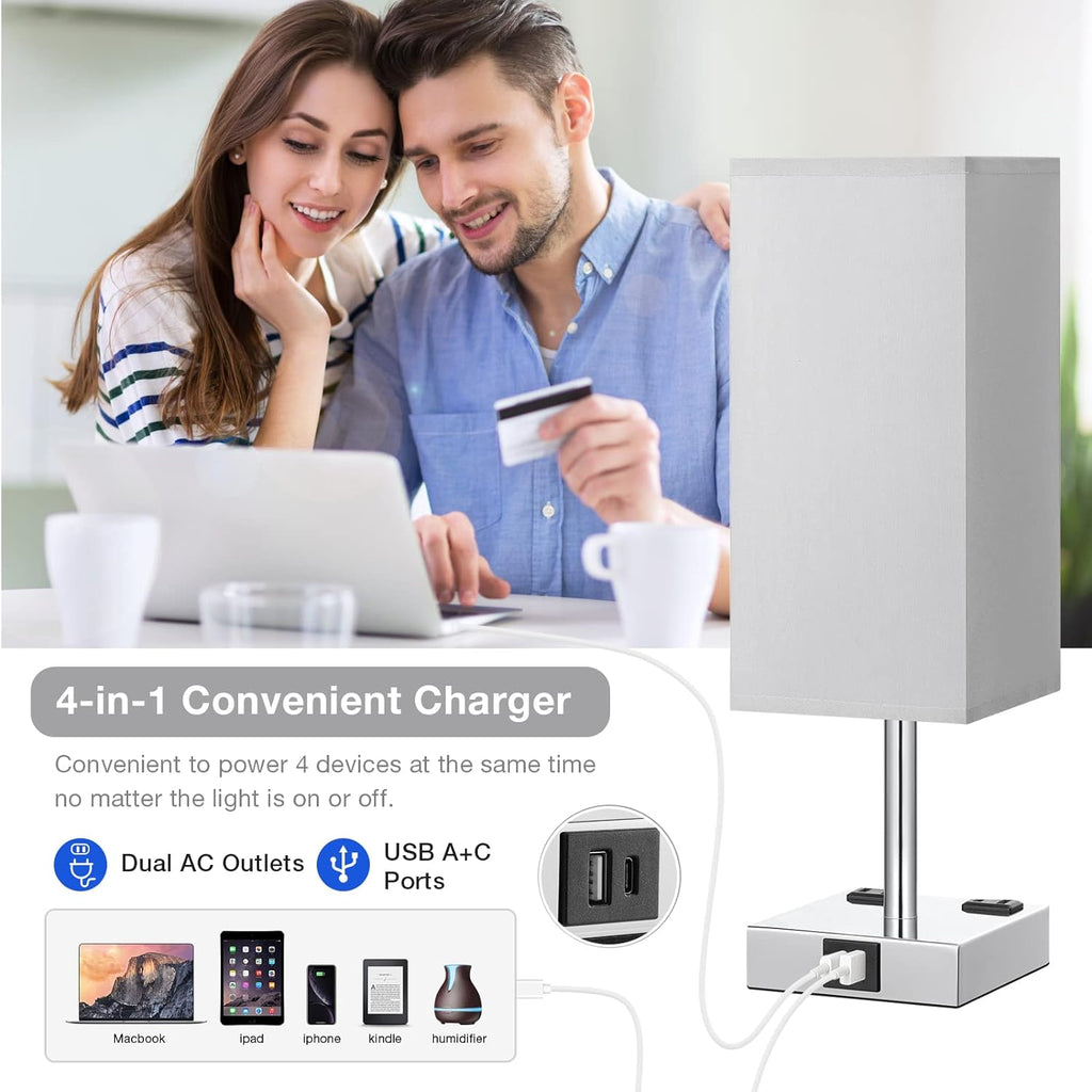 Touch Bedside Table Lamp for Bedroom - Dimmable, USB C+A, 2 AC Outlets