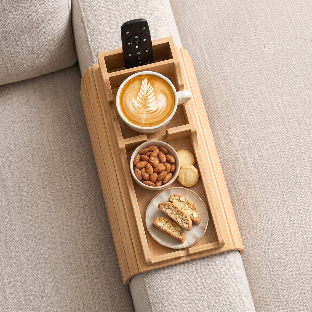 Bamboo Couch Armrest Table, Couch Arm Tray with Removable Couch Cup Holder, 2 in 1 Design Foldable Anti-Slip Bamboo Couch Tray and Sofa Cup Holder for Drink