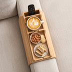 Bamboo Couch Armrest Table, Couch Arm Tray with Removable Couch Cup Holder, 2 in 1 Design Foldable Anti-Slip Bamboo Couch Tray and Sofa Cup Holder for Drink