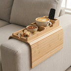 Bamboo Couch Armrest Table, Couch Arm Tray with Removable Couch Cup Holder, 2 in 1 Design Foldable Anti-Slip Bamboo Couch Tray and Sofa Cup Holder for Drink
