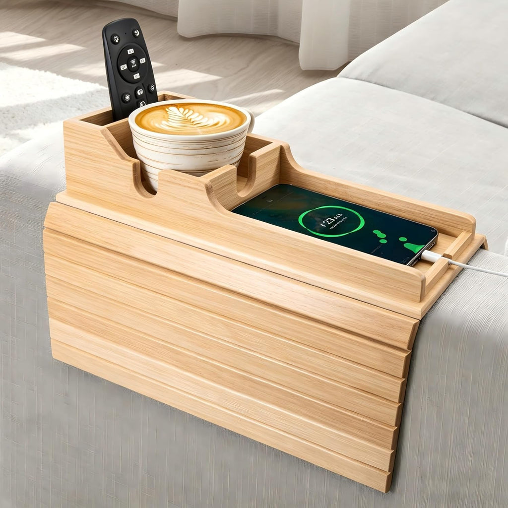 Bamboo Couch Armrest Table, Couch Arm Tray with Removable Couch Cup Holder, 2 in 1 Design Foldable Anti-Slip Bamboo Couch Tray and Sofa Cup Holder for Drink