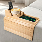 Bamboo Couch Armrest Table, Couch Arm Tray with Removable Couch Cup Holder, 2 in 1 Design Foldable Anti-Slip Bamboo Couch Tray and Sofa Cup Holder for Drink
