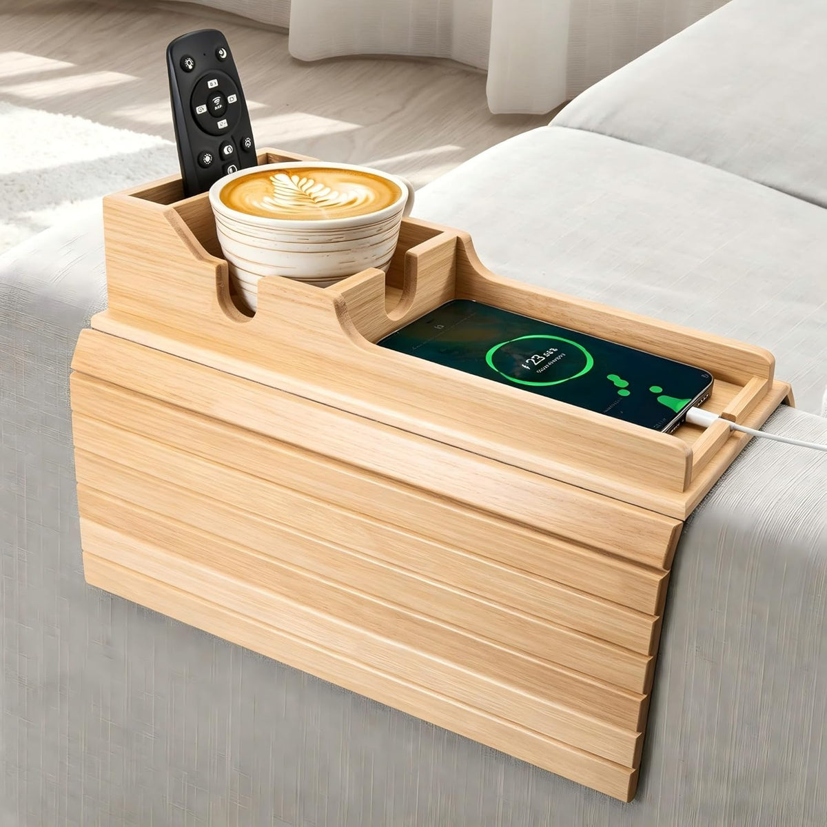 Bamboo Couch Armrest Table, Couch Arm Tray with Removable Couch Cup Holder, 2 in 1 Design Foldable Anti-Slip Bamboo Couch Tray and Sofa Cup Holder for Drink