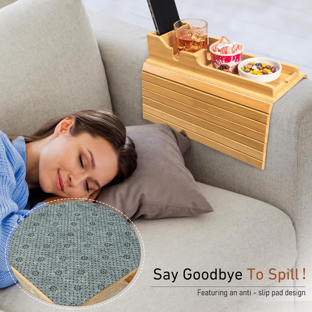 Bamboo Couch Armrest Table, Couch Arm Tray with Removable Couch Cup Holder, 2 in 1 Design Foldable Anti-Slip Bamboo Couch Tray and Sofa Cup Holder for Drink