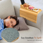 Bamboo Couch Armrest Table, Couch Arm Tray with Removable Couch Cup Holder, 2 in 1 Design Foldable Anti-Slip Bamboo Couch Tray and Sofa Cup Holder for Drink