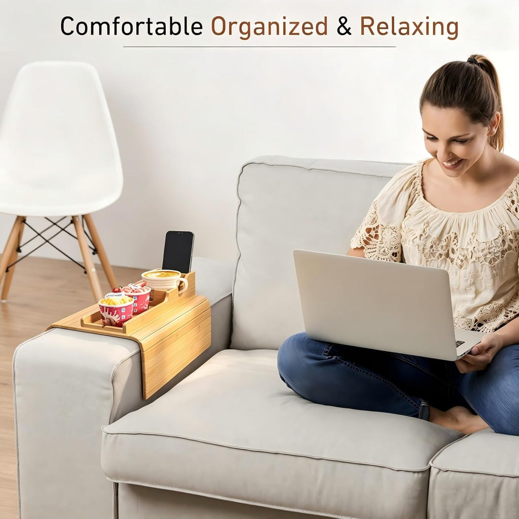 Bamboo Couch Armrest Table, Couch Arm Tray with Removable Couch Cup Holder, 2 in 1 Design Foldable Anti-Slip Bamboo Couch Tray and Sofa Cup Holder for Drink