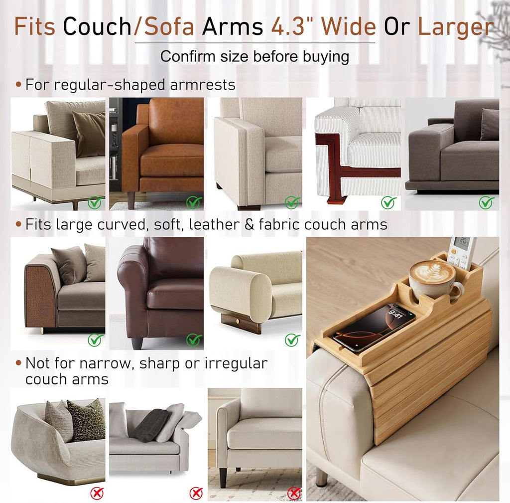Bamboo Couch Armrest Table, Couch Arm Tray with Removable Couch Cup Holder, 2 in 1 Design Foldable Anti-Slip Bamboo Couch Tray and Sofa Cup Holder for Drink